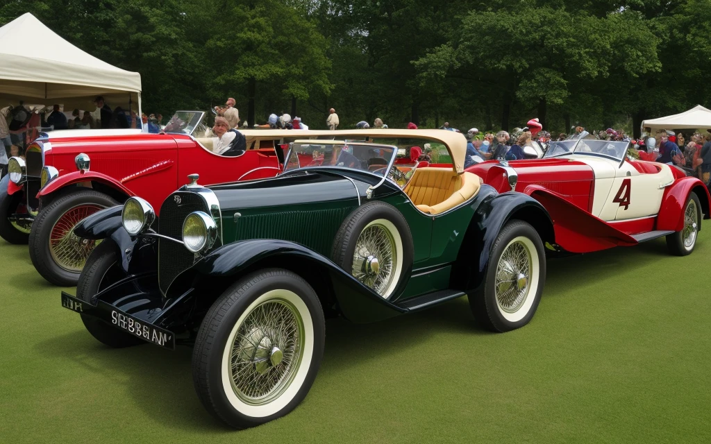 Create an image of several classic cars displayed in a concours d'elegance in an elegant historic garden, rodeados de exuberantes paisajes y arquitectura impresionante. Enfoca los autos en el centro de la imagen, capturing its timeless beauty and the refined atmosphere of the event.