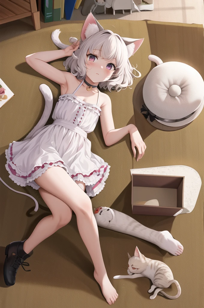 masterpiece, Highest quality, High resolution, Neferpitou 1, Cat ear, (Cat&#39;s Tail:0.8), alone, short hair, Red eyes, Hair between the eyes, :3, Curly Hair, Cat girl, Frills_bikini, Beach, Day, cloud, wariza,She spread her legs,Arms folded behind back,sexy,side,Squat,training