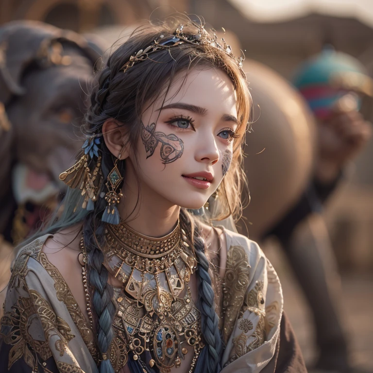 Hiding in the desert、Hair flow、 ((Highest quality、masterpiece、8K、Best image quality、Ultra-high resolution、Award-winning works)、(Accurate anatomy:1.1)、(Look at me and smile:1.1)、Shining fair skin with Ultra-high resolution、The most detailed face、Ultra-high resolution detailed face、Ultra-high resolution hair、(Ultra-high resolutionのeyes :1.1)、Beautiful face drawn in every detail、(Blurred Background:1.1)、Ancient Islamic clothing, Chest to chest, tattoo, Old ruins in the background、Decorated elephant