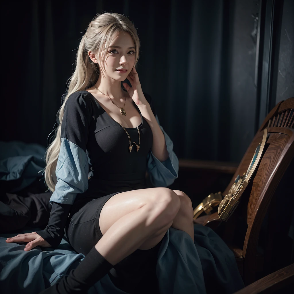 Create an image of a young woman standing in a minimalist indoor setting. She has long, wavy blonde hair styled in a loose side braid over her right shoulder. She is wearing a tight formal blue Shirt till full sleeves dress exposing her cleavage with first three to four buttons open and wearing black shorts to expose her huge thighs, and features a dark background with small, colorful flowers.The woman is striking a confident pose, with sitting on white, modern chair. She is wearing black high-heeled shoes with ankle straps.  slightly seductive expression.Her makeup is natural, with a focus on her eyes and a soft lip color. The background is plain and light-colored, emphasizing the subject and her attire. The lighting is soft and even, highlighting her features and the details of her outfit

Strictly her legs should be shown till her shoes
Strictly Gym fit body ,6 pack abs , veins revealing hands
Strictly 30 inch thighs
Strictly E cup size 
Hourglass figure 

Strictly her shoes should be seen in image

