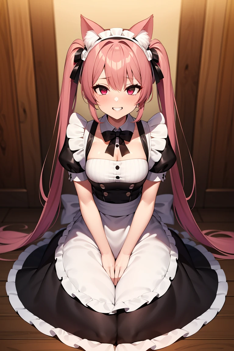 One girl, alone, nakano nino, Pink Hair, Butterfly Hair Ornament, (naked:1.3), (White apron), big breasts, Cleavage, Thighs, Cafe Background, Pussy(Blushing:1.3)