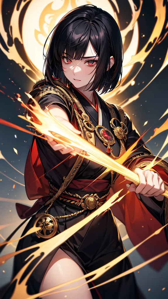 Highest quality, Ultra-high resolution, (Realistic: 1.4), Beautiful eyes, Super beautiful, Beautiful beauty, One person、Wizard, Japanese style Gold and red tones、Controlling Fire、whole body、(Black Hair、Short Bob Hair),Beautiful soldier, Eyes that beckon, Droopy eyeistress's point of view, Attractive look, Fearless smile, (Perfect Anatomy, Anatomically correct, Highly detailed skin), Dancing, snow