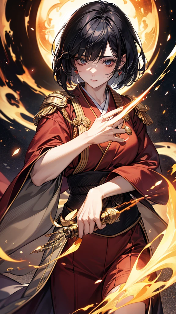 Highest quality, Ultra-high resolution, (Realistic: 1.4), Beautiful eyes, Super beautiful, Beautiful beauty, One person、Wizard, Japanese style Gold and red tones、Controlling Fire、whole body、(Black Hair、Short Bob Hair),Beautiful soldier, Eyes that beckon, Droopy eyeistress&#39;s point of view, Attractive look, Fearless smile,  (Perfect Anatomy, Anatomically correct, Highly detailed skin), Dancing, snow