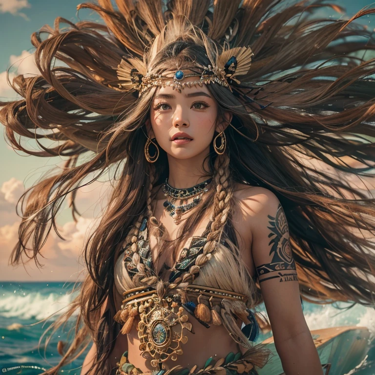 A Savannah Nomad,1 Japanese girl. She should be 180 cm tall, weigh 45 kg, and have a smooth, light complexion, straight long blonde hair , sleek, and glossy, graceful, diamond face with high cheekbones, a small, delicate nose, and full, well-defined lips. Her large, expressive brown eyes should have detailed irises and long eyelashes. Her physique should be athletic yet feminine, with medium-sized, round breasts. The image should be ultra-high definition (4k, 8k) with soft, natural lighting to highlight her skin texture, hair shine, and facial details, dressed in practical yet beautifully adorned attire made from animal hides and beads, rides across the African savannah. The nomad's outfit includes a decorated headdress and jewelry. The vast, golden plains stretch out beneath a blazing sun, and a herd of wild animals grazes in the distance.