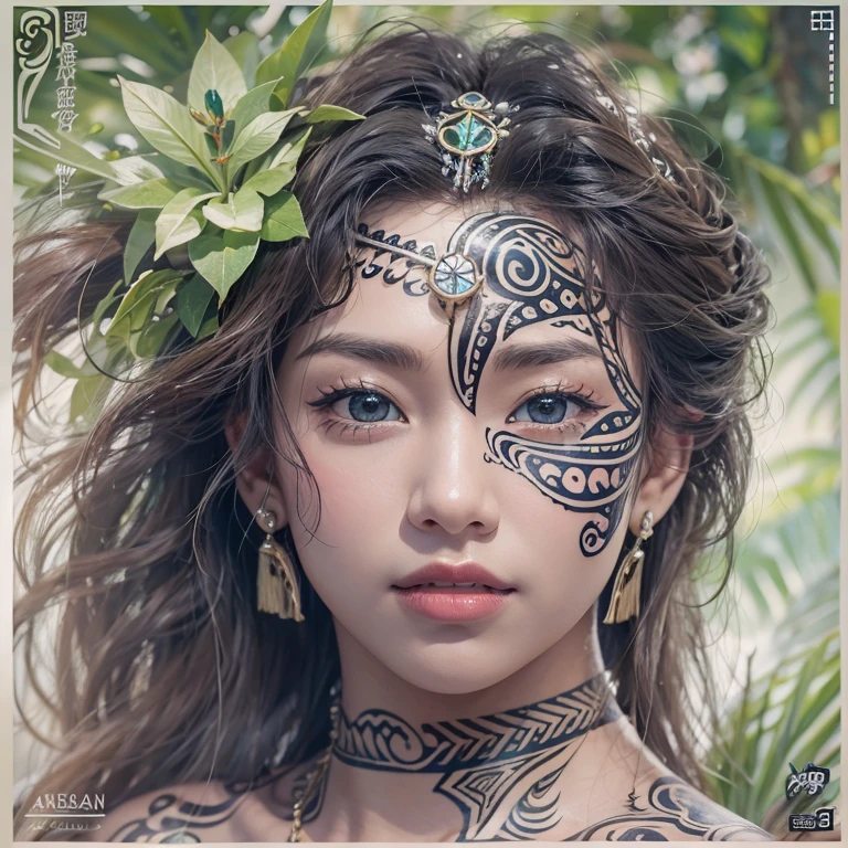 Polynesian Sea、Hair blowing in the wind 、 ((Highest quality、masterpiece、8K、Best image quality、Ultra-high resolution、Award-winning works)、(Accurate ???????:1.1)、(Look at me and smile:1.0)、Shining fair skin with Ultra-high resolution、The most detailed face、Ultra-high resolution detailed face、Ultra-high resolutionの髪の毛、(Ultra-high resolution eye:1.1)、Beautiful face drawn in every detail、Polynesian Costume,Small breasts,  Polynesian Tattoo,  Polynesian canoe、Wearing Polynesian costumes:1.2.