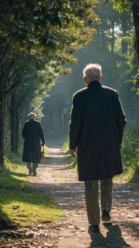 Distant figures approaching an old man"