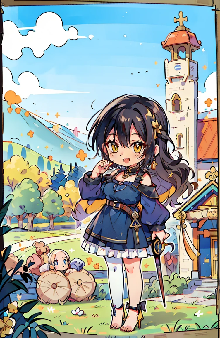 (masterpiece:1.2), (high quality:1.2), (hui xiyi:0.75), rekkyo sensen, rekkyou sensen, (full body, chibi girls:1.45), solo focus, girls with((black hair, tits cleavage, exposed breasts, breasts close up, dress, (blue clothes:1.3), ribbon belt, off-shoulder sleeves, long sleeves, furry jacket, frills shirt, frills camisole, straps, (rosary choker, golden rosary, cross:1.05), (high heels, shoes, barefoot, left legwear, white legwear:1.67), (long wavy hair, one side up:1.4))), background with ((architecture, blue sky, building, bush, castle, village, no humans, cloud, cloudy sky, day, fence, field, garden, grass, hill, house, lamppost, landscape, mountain, mountainous horizon, nature, no humans, outdoors, scenery, shrine, sky, tower)), cowboy shot, anime, anime style