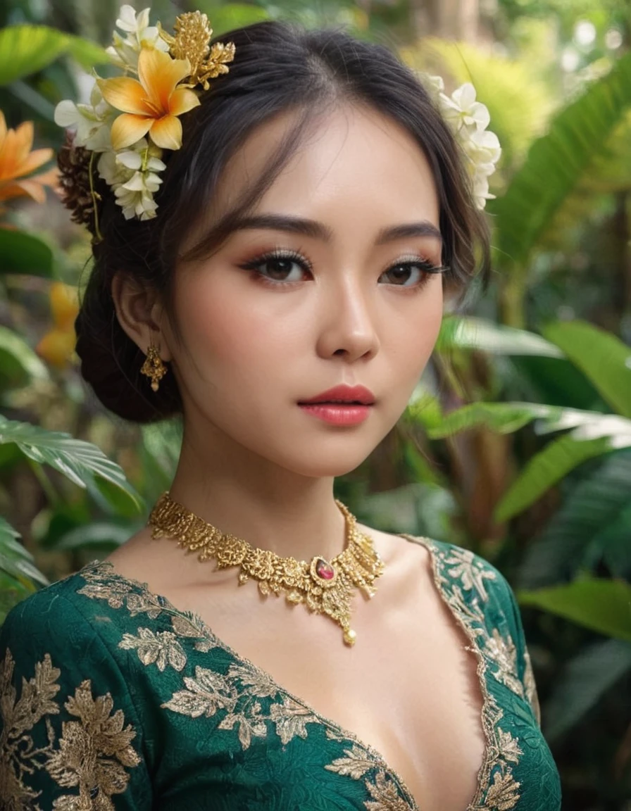 a beautiful asian woman in a graceful pose, wearing a traditional kebaya dress with an ornate floral pattern, her face showcasing extremely detailed, beautiful eyes and lips, long eyelashes, and a serene expression, adorned with elegant golden jewelry, set against a lush tropical foliage background with soft, cinematic lighting, (best quality,4k,8k,highres,masterpiece:1.2),ultra-detailed,(realistic,photorealistic,photo-realistic:1.37),HDR,UHD,studio lighting,ultra-fine painting,sharp focus,physically-based rendering,extreme detail description,professional,vivid colors, Extremely HDR, 