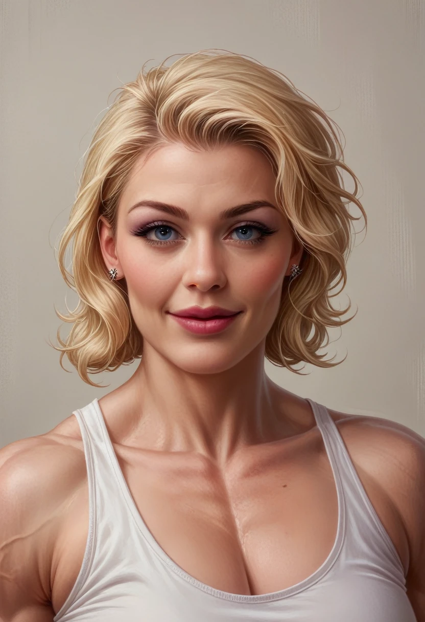 (muscular blonde woman_bustycleveage_smile) hyperrealistic art cinematic film still lower angle photography in the style of detailed hyperrealism photoshoot . () Extremely high-resolution details, photographic, realism pushed to extreme, fine texture, incredibly,
