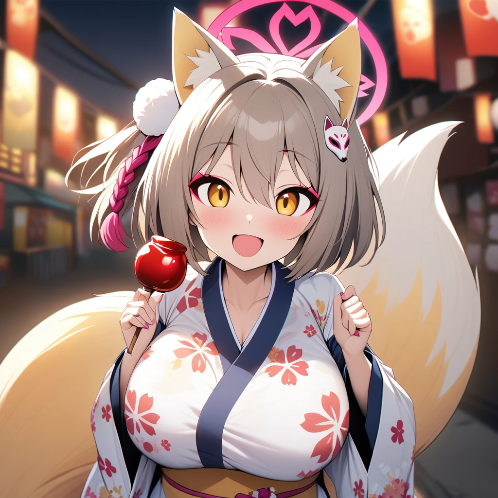 izuna(blue archive),1girl,solo,halo,Females in heat,open mouth,smile,fox ear,one Light brown thick tail,yukata,I have a one candy apple in my hand,super huge breasts,near,looking at viewer,Looks like fun,summer festival