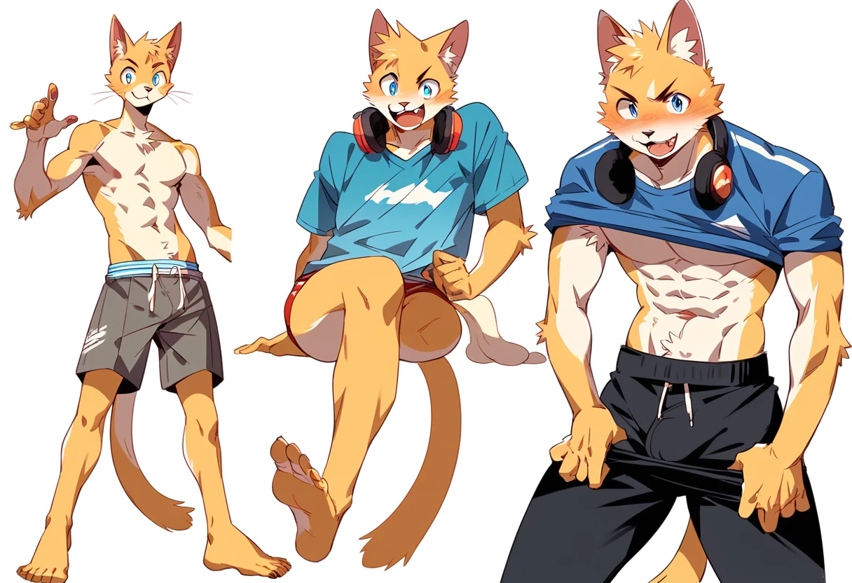 score_9, score_8_up, score_7_up, full body, male, furry, high quality, hires, anthro, teenager, 16 years old, domestic cat, yellow fur, blue eyes, excited expression, humanoid feet, shirtless, slim body, slender body, prominent v-line, prominent abs, prominent legs, prominent forearms, prominent knees, white background, treasure trail, armpit hair, furry legs, bulge, in various poses, showing off his abs, casual clothes, headphones, pulled up shirt, joggers