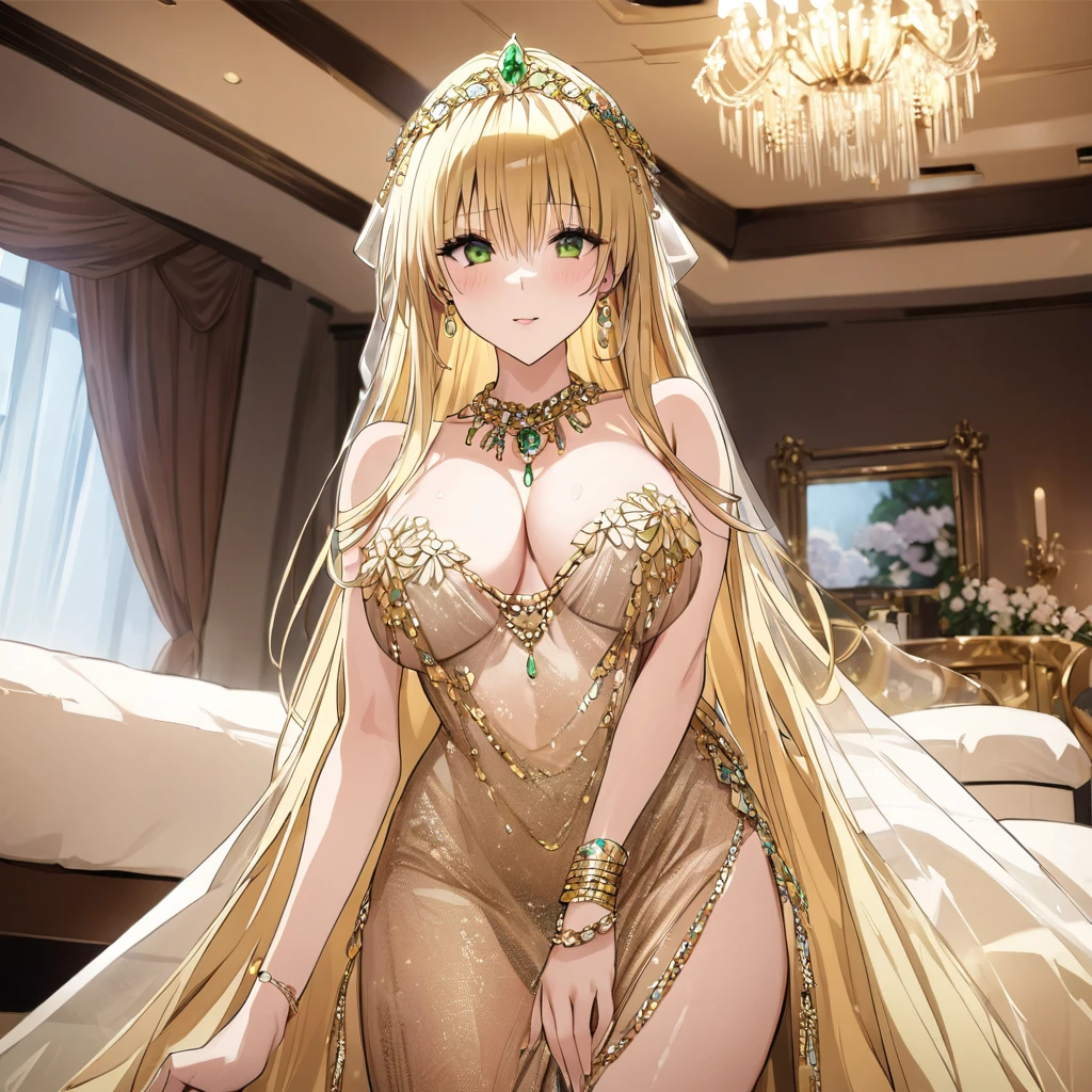 ((Highest quality)), ((masterpiece)), (detailed), (Perfect Face)、The woman was a tiare with green eyes and medium-long blonde hair, and was wearing a luxurious, shiny, gold-colored, long-slit see-through dress with gorgeous embroidery and trim, which allowed her skin to show through, a gold-colored see-through cape, and a gold-colored see-through veil. She was wearing a gorgeous jeweled hair accessory, a jeweled head dress chain, a jeweled waist chain, a gorgeous necklace, bracelets, ankle bracelets, jeweled earrings, and shiny gold boots. She was also wearing an engagement ring.、The woman is in a luxurious room.