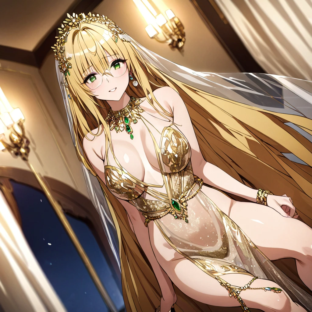 ((Highest quality)), ((masterpiece)), (detailed), (Perfect Face)、The woman was a tiare with green eyes and medium-long blonde hair, and was wearing a luxurious, shiny, gold-colored, long-slit see-through dress with gorgeous embroidery and trim, which allowed her skin to show through, a gold-colored see-through cape, and a gold-colored see-through veil. She was wearing a gorgeous jeweled hair accessory, a jeweled head dress chain, a jeweled waist chain, a gorgeous necklace, bracelets, ankle bracelets, jeweled earrings, and shiny gold boots. She was also wearing an engagement ring.、The woman is in a luxurious room.