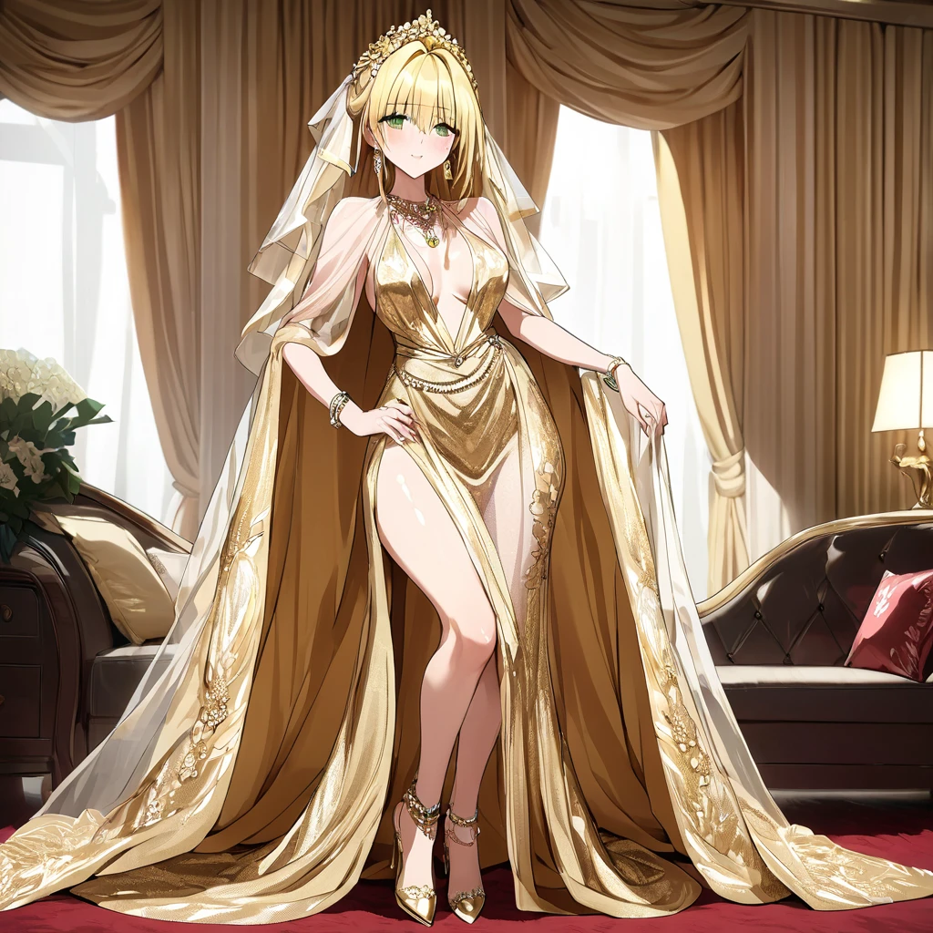 ((Highest quality)), ((masterpiece)), (detailed), （Perfect Face）、The woman was a tiare with green eyes and medium-long blonde hair, and was wearing a luxurious, shiny, gold-colored, long-slit see-through dress with gorgeous embroidery and trim, which allowed her skin to show through, a gold-colored see-through cape, and a gold-colored see-through veil. She was wearing a gorgeous jeweled hair accessory, a jeweled head dress chain, a jeweled waist chain, a gorgeous necklace, bracelets, ankle bracelets, jeweled earrings, and shiny gold boots. She was also wearing an engagement ring.、The woman is in a luxurious room.