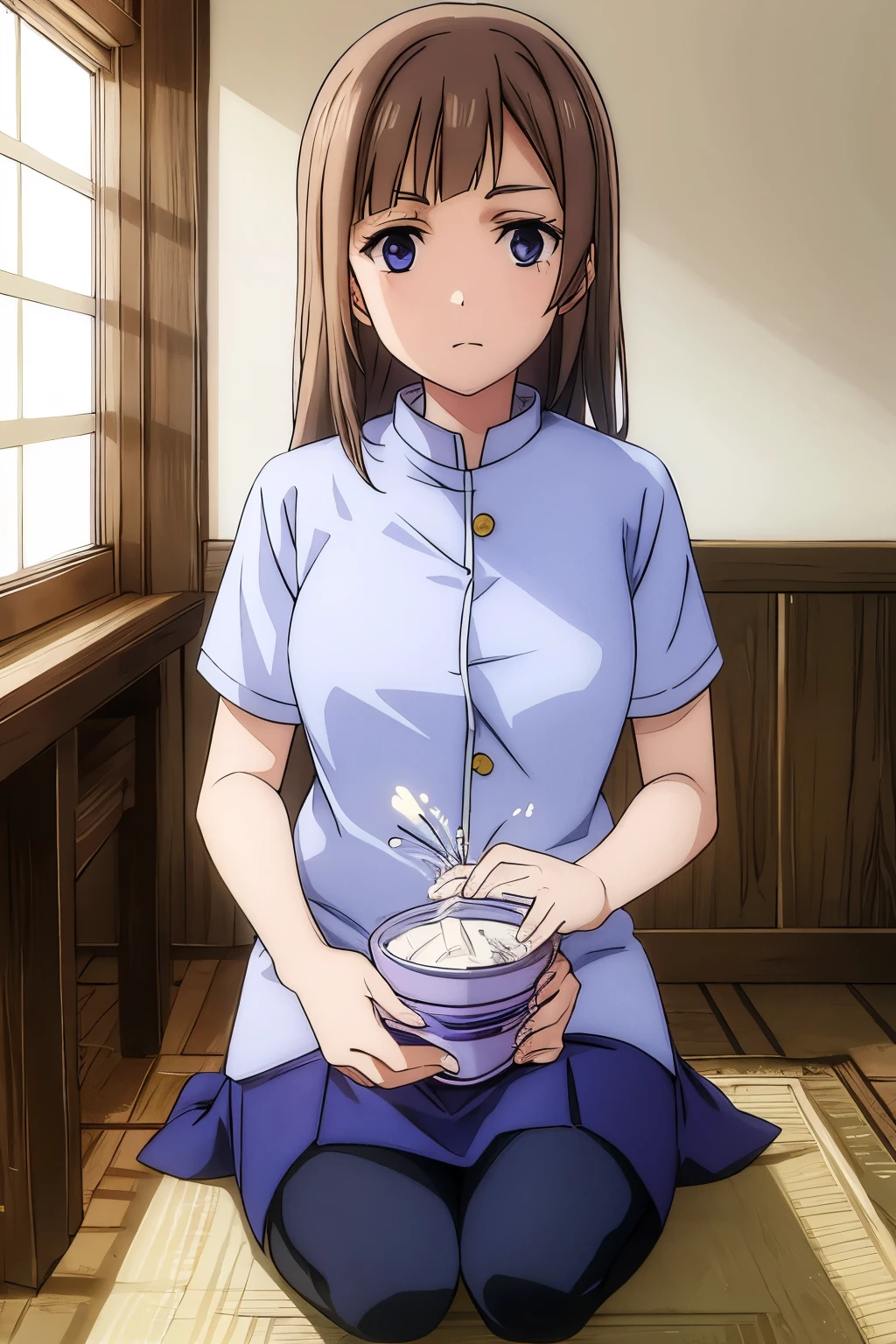 Brown hair, lilac eyes, jujutsu blue uniform