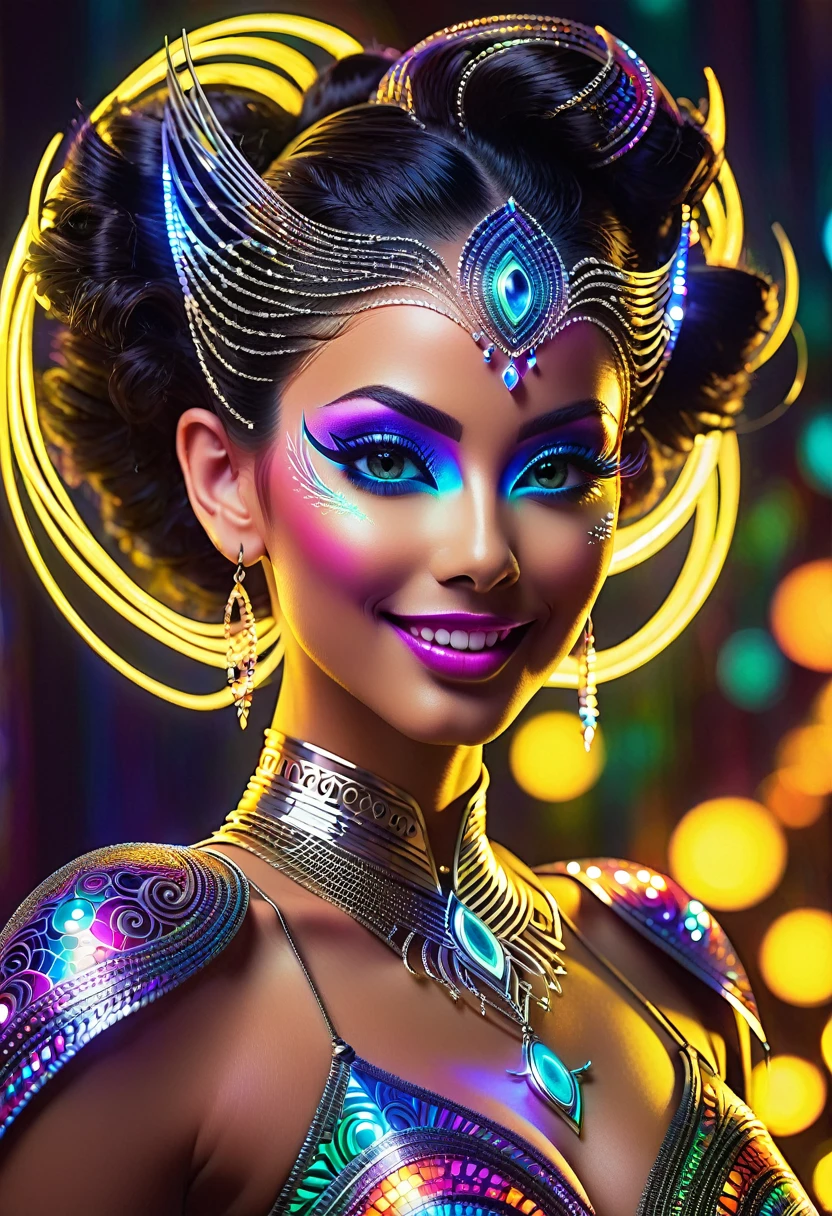 a colorful glowing post-modern ornamental plasma prowler, sleek lines and intricate patterns intertwine to create a sense of futuristic gothic elegance. The main subject of the image is a stunningly gorgeous colorful woman dancer with intricately detailed eyes and a perfect body in every way, smiling. This detailed description is depicted in a high-quality photograph, highlighting the intricate details and ethereal atmosphere. The image captures the essence of modern technology and artistry, blending seamlessly in a visually stunning composition that captivates the viewer's imagination