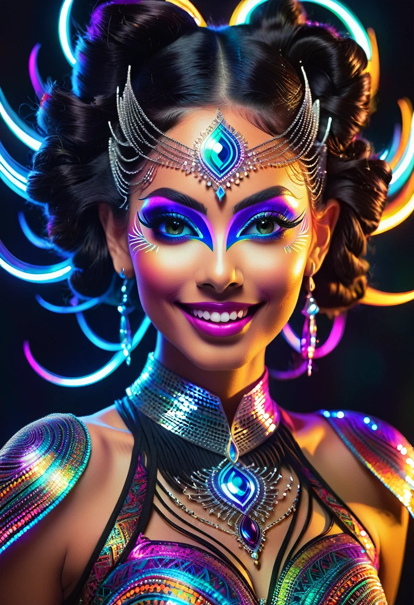a colorful glowing post-modern ornamental plasma prowler, sleek lines and intricate patterns intertwine to create a sense of futuristic gothic elegance. The main subject of the image is a stunningly gorgeous colorful woman dancer with intricately detailed eyes and a perfect body in every way, smiling. This detailed description is depicted in a high-quality photograph, highlighting the intricate details and ethereal atmosphere. The image captures the essence of modern technology and artistry, blending seamlessly in a visually stunning composition that captivates the viewer's imagination