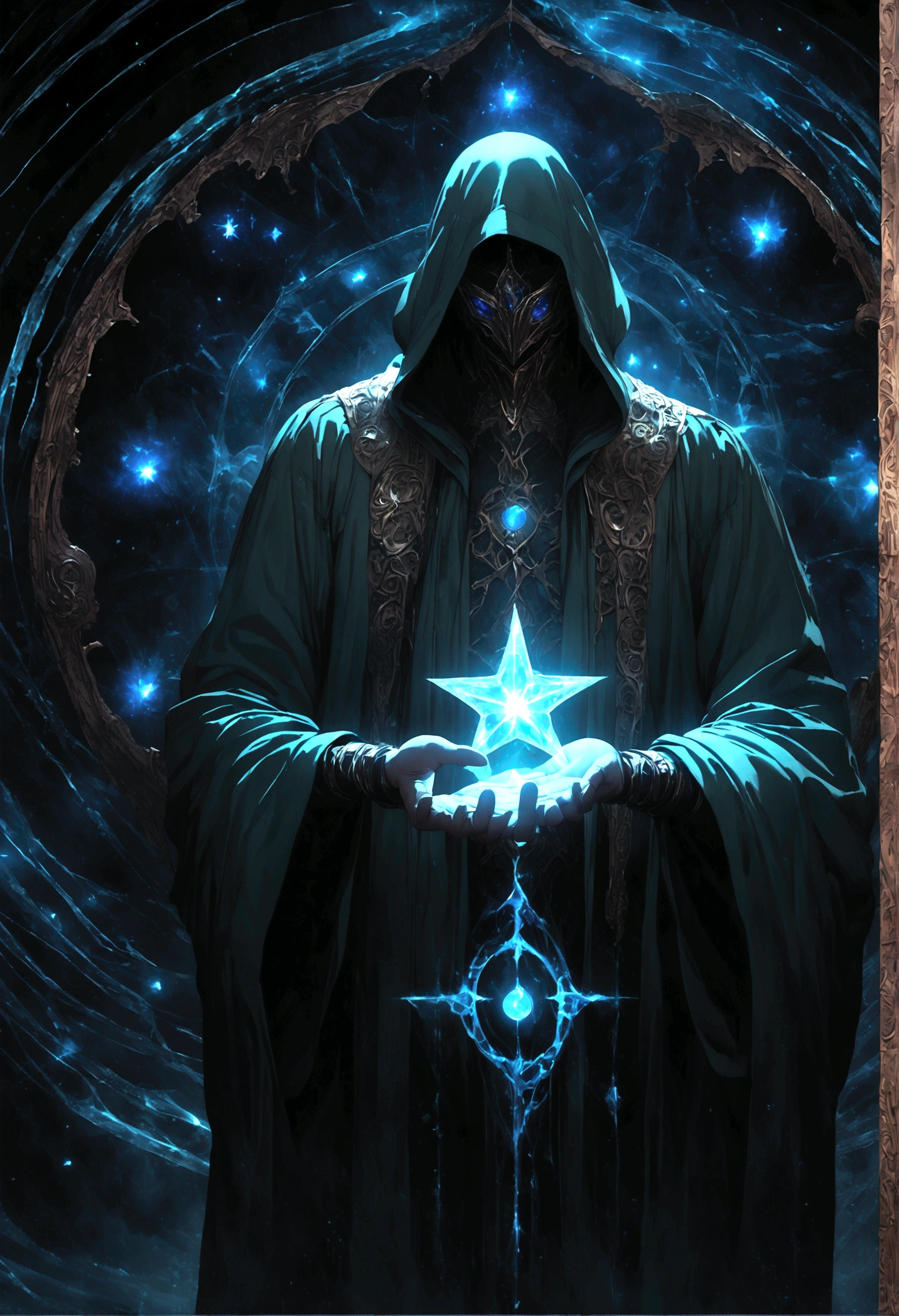 Mysterious ninja standing sideways holding a blue glowing star in his hand ( Correct and perfect anatomy ) Flowing robe, A man wearing a beige hooded robe with swirling starry magic energy(flying robe))Man mysterious ninja sideways, face partially obscured by turban or mask, holding a blue glowing star in hand with blue fire power on the side, background is a huge star shaped blue light magic circle,

              Mystic Fantasy Art Mystical Blue Light Runes Hovering Around  (cinematic), meticulously made, Magical power, A detailed and intricate masterpiece of magic circles, Lighting effects Highly detailed fantasy magic concept art Highly detailed HD cinematic magic fantasy Gorgeous digital art