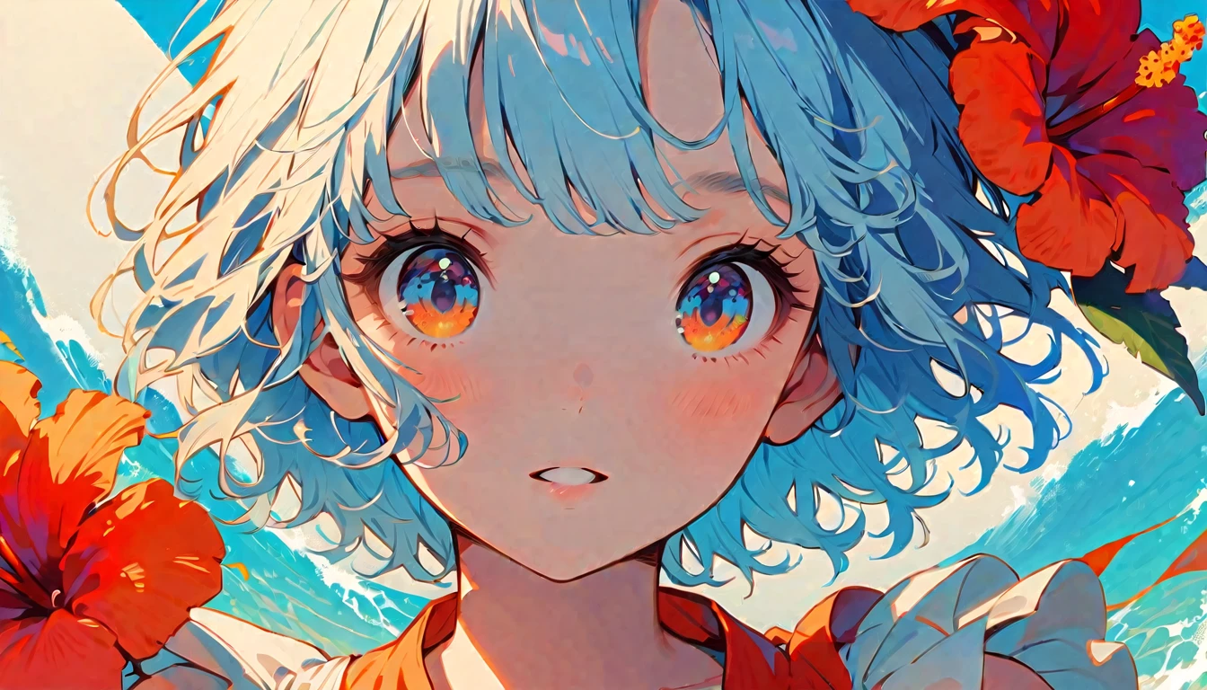 summer、1 female, Light blue hair, short hair, Orange as an accent、Follow your dreams、hibiscus、