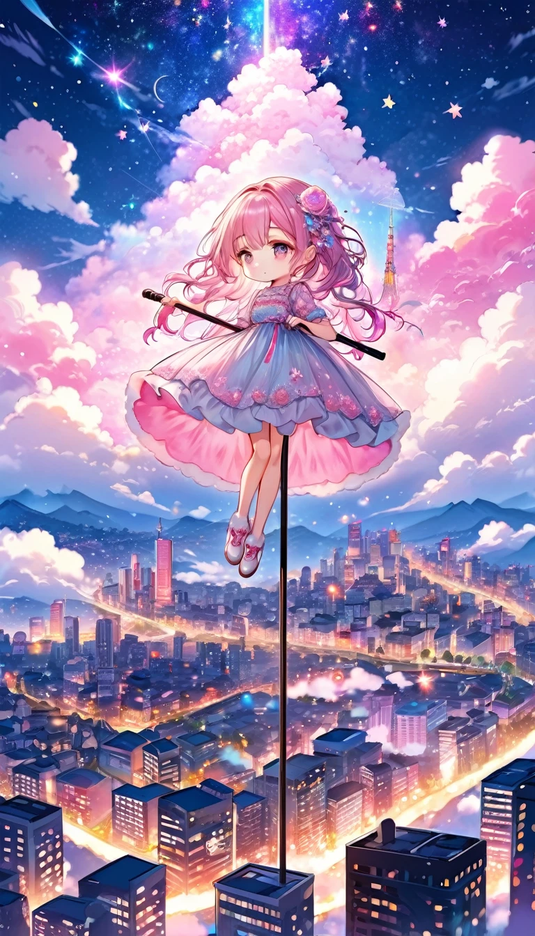 dream fantasy story, best quality, super fine, 16k, 2.5D, delicate and dynamic depiction, (chibi, cute in dress holding cane standing on high ground), city in the sky above the clouds, clouds in vivid and pastel colors, city of modern buildings, beautiful blend with nature, river, bright starry sky, pink moon, sparkly and fluffy image effect, artwork with vibrant colorful colors, detailed decorated backgrounds
