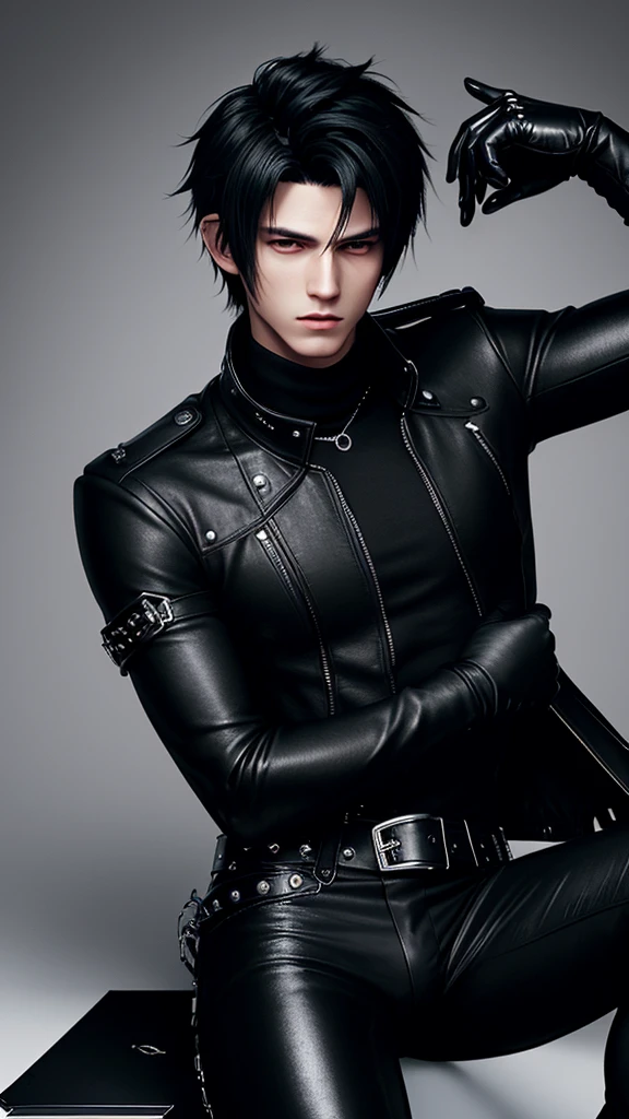 Final fantasy taste and reality graphics, Japanese young cute and cool ikemen boy, his age is early 20s, thin eyebrows and beady eyes, he wearing black color leather thick singlebrest biker jacket, with epaulet, must close the front of the leather jacket, jacket is biker style, jacket is voluminous, , jacket collar is high length stand-up collar with belts, jacket is a little black line pattern,close the front of the jacket, also wearing black thick turtleneck lackluster shirts, tight black leather pants, shiny black leather tight and thin glove, black leather knee-high raceup boots,must views head-to-toe,must views whole body, boy looks like fashion model,Do not show skin from the neck down,leather jacket leather glove and leather pants have few wrinkles,boy in the room,