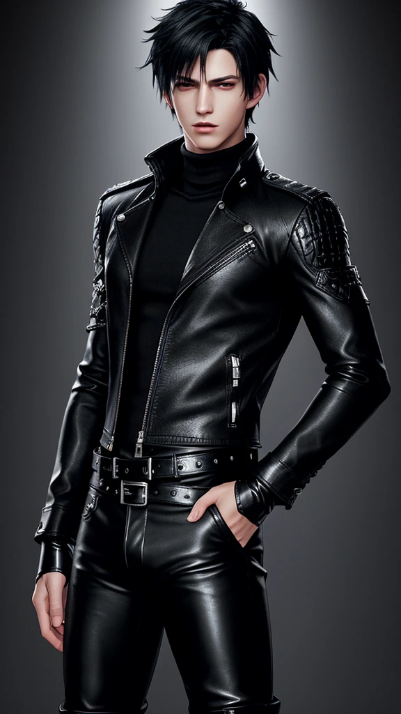 Final fantasy taste and reality graphics, Japanese young cute and cool ikemen boy, his age is early 20s, thin eyebrows and beady eyes, he wearing black color leather thick singlebrest biker jacket, with epaulet, must close the front of the leather jacket, jacket is biker style, jacket is voluminous, , jacket collar is high length stand-up collar with belts, jacket is a little black line pattern,close the front of the jacket, also wearing black thick turtleneck lackluster shirts, tight black leather pants, shiny black leather tight and thin glove, black leather knee-high raceup boots,must views head-to-toe,must views whole body, boy looks like fashion model,Do not show skin from the neck down,leather jacket leather glove and leather pants have few wrinkles,boy in the room,
