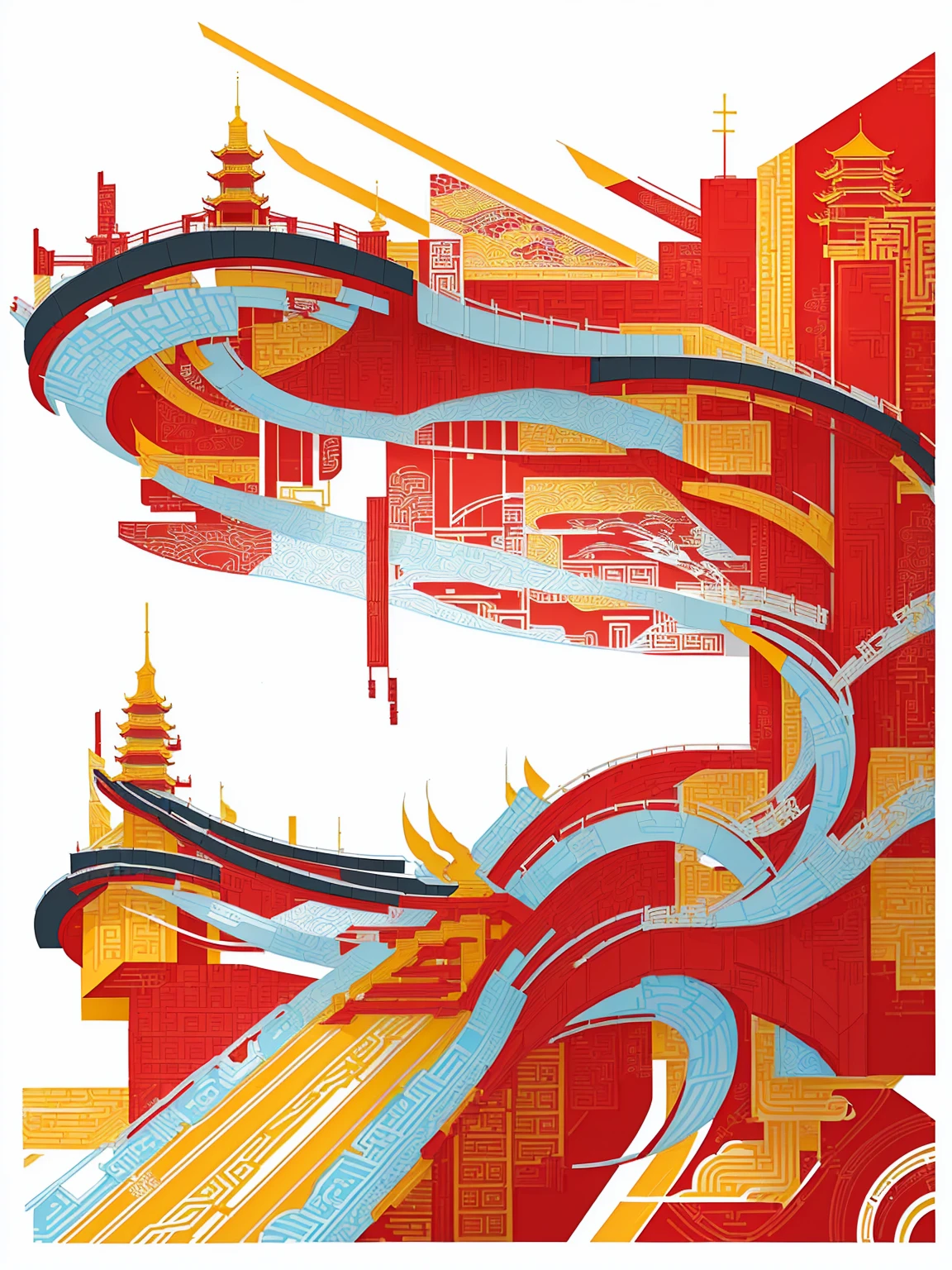 90/5000
Vector illustration, an architecture of various cities in China, with red and yellow as the main colors, first-tier cities, patterns and lines inspired by Chinese architecture, graphic design poster art, bold lines, smooth lines, classic patterns and themes, hand-drawn illustrations, detailed architectural design,