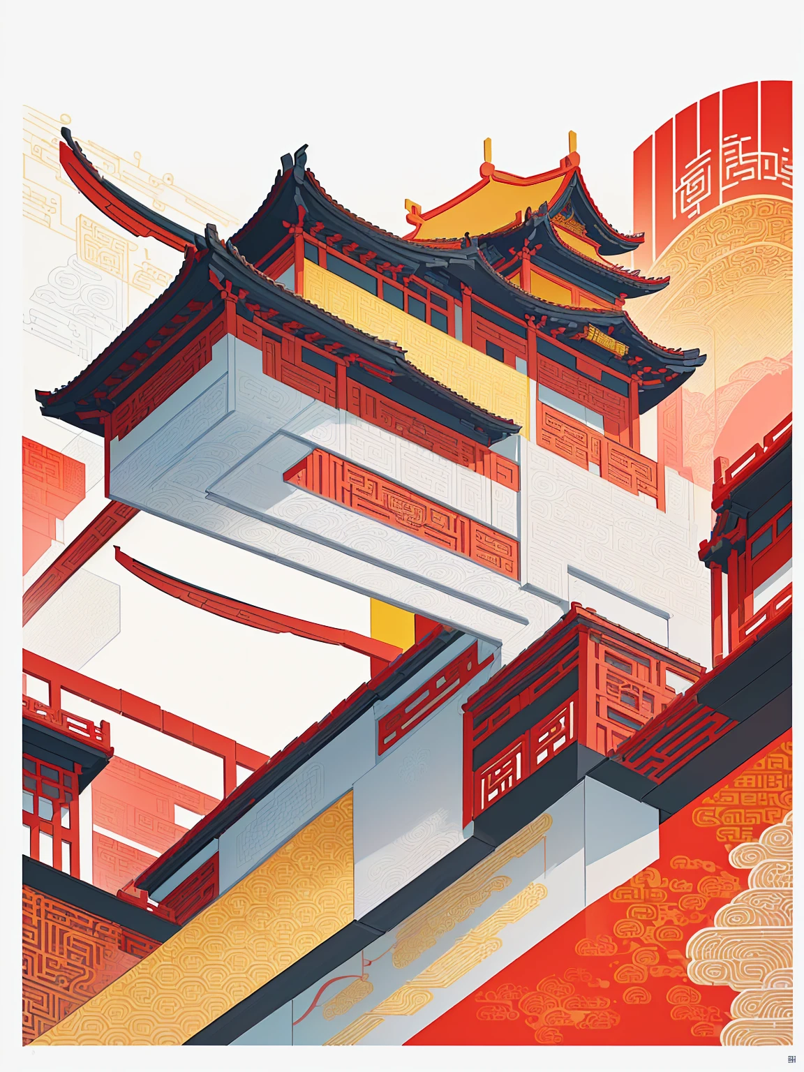 90/5000
Vector illustration, an architecture of various cities in China, with red and yellow as the main colors, first-tier cities, patterns and lines inspired by Chinese architecture, graphic design poster art, bold lines, smooth lines, classic patterns and themes, hand-drawn illustrations, detailed architectural design,