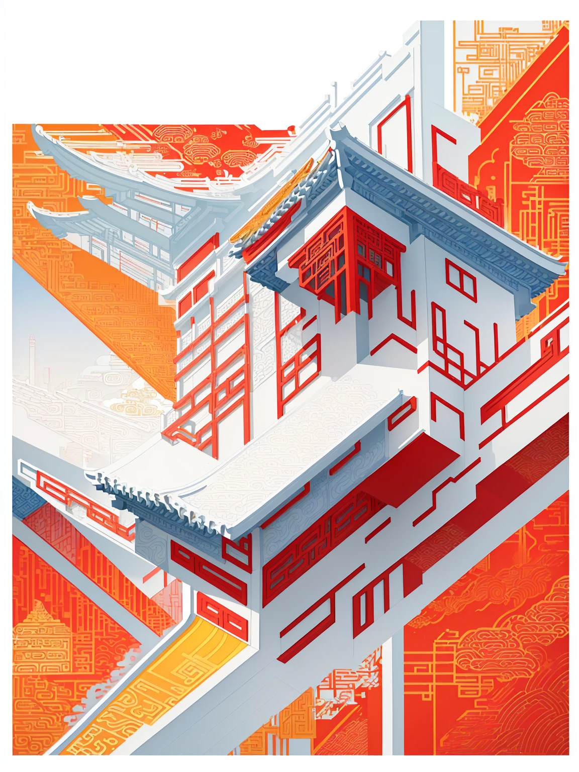90/5000
Vector illustration, an architecture of various cities in China, with red and yellow as the main colors, first-tier cities, patterns and lines inspired by Chinese architecture, graphic design poster art, bold lines, smooth lines, classic patterns and themes, hand-drawn illustrations, detailed architectural design,