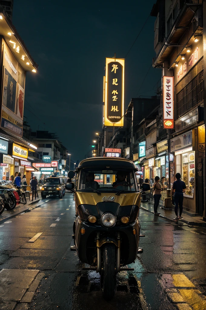 ((best quality)), ((Masterpiece)), (details), photorealistic,Sharp picture,Yaowarat Road in Thailand,Bangkok,street shop,Gold shop sign in Yaowarat,shop sign,There is a night light.,Night atmosphere,open road,Road in Yaowarat,Tuk tuk parked on the side of the road