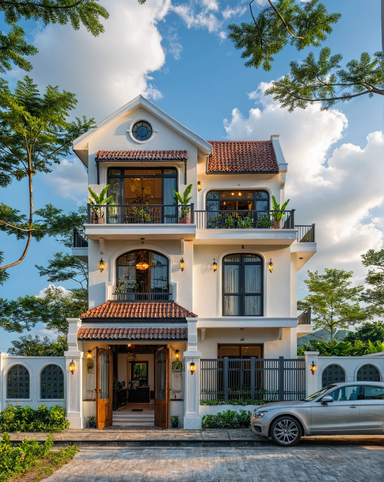 Masterpiece, 4k pixcel, high quality, best quality, authentic, super detail, outdoors, onestoreyvillaXL, aiaigroup ,stairs, white wall ,road,pavement, grass, trees, sky, cloud, (daylight:1.1) swimming pool, Increase image clarity, classic style, indochine style house on street