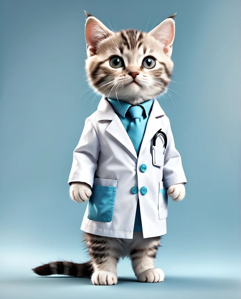 Kitten dressed as a doctor　Full Body Shot　Looking straight at the camera　Standing