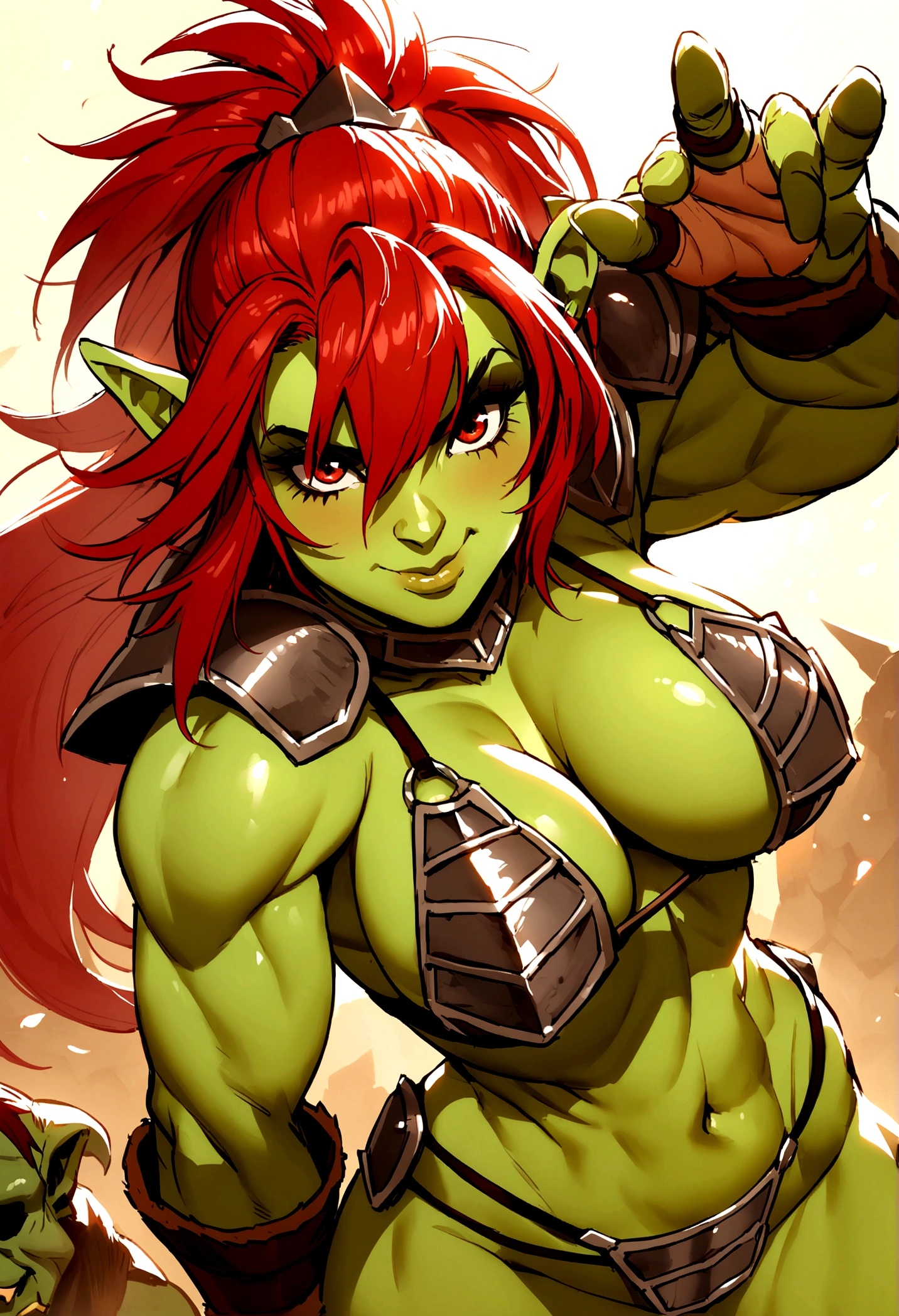 Alone orc, Female orc, fantasy race, large breasts, iron bikini armor, barbarian woman, green skin, red hair, muscular woman, slingshot bikini armor