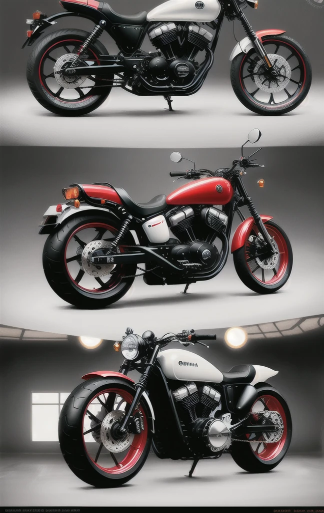 Create the look of a futuristic Yamaha Harley motorcycle., with open front wheel and drive shaft,  motorcycle in black and red color, spherical, convex design, the main door is either cabin style, or butterfly style.. The main capsule is made of transparent armored glass., the back is smooth and convex, you look vintage. In the background there is a white spherical glossy dome, and these domes are also chaotically 3 pieces scattered around the edges of the image