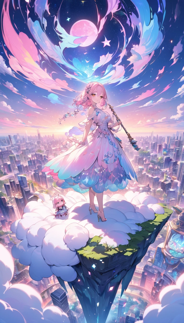 dream fantasy story, best quality, super fine, 16k, 2.5D, delicate and dynamic depiction, (chibi, cute in dress holding cane standing on high ground), city in the sky above the clouds, clouds in vivid and pastel colors, city of modern buildings, beautiful blend with nature, river, bright starry sky, pink moon, sparkly and fluffy image effect, artwork with vibrant colorful colors, detailed decorated backgrounds