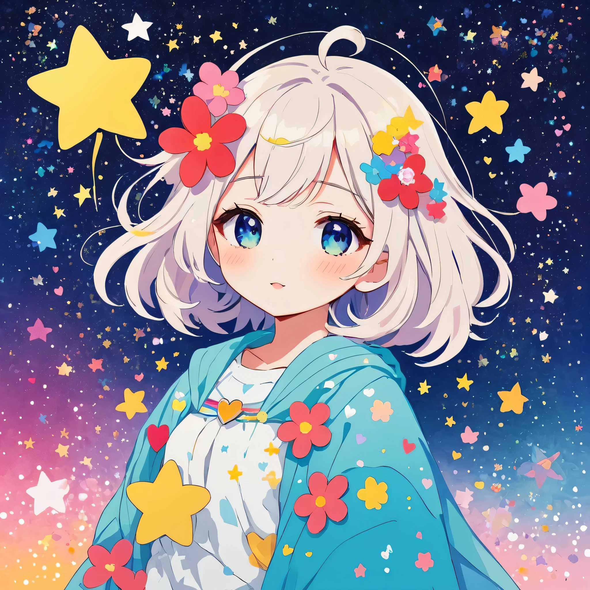 Mika Pikazo style, Simple Line Initialism,Abstract art,Kawaii Design, The most beautiful girl of all time、chibi, The background is star dust, colorful hearts, colorful flowers,
