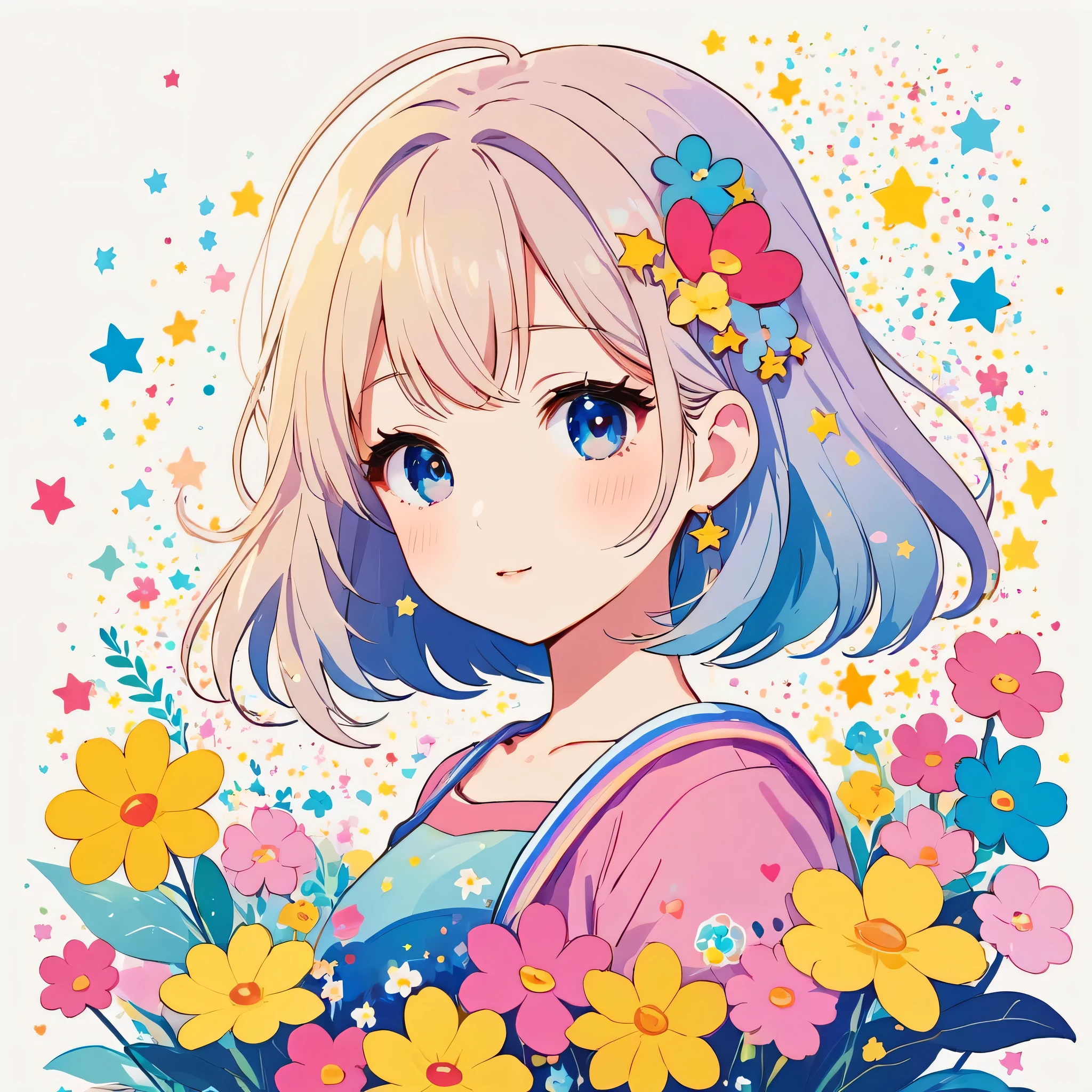 Mika Pikazo style, Simple Line Initialism，Abstract art，Kawaii Design, The most beautiful girl of all time、chibi, The background is star dust, colorful hearts, colorful flowers,