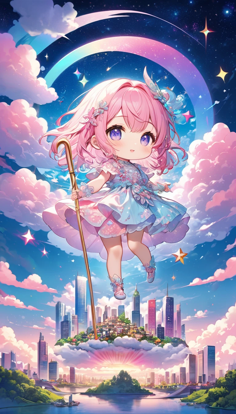 dream fantasy story, best quality, super fine, 16k, 2.5D, delicate and dynamic depiction, (chibi, cute in dress holding cane standing on high ground), city in the sky above the clouds, clouds in vivid and pastel colors, city of modern buildings, beautiful blend with nature, river, bright starry sky, pink moon, sparkly and fluffy image effect, artwork with vibrant colorful colors, detailed decorated backgrounds
