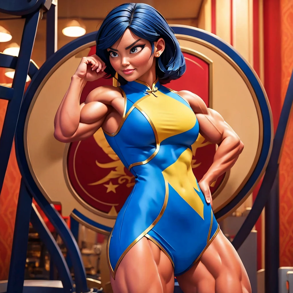 (masterpiece, best quality:1.2), 1girl, solo,dark blue hair,gray eyes, she wear's a white Cheongsam with a red, black and gold plant design, periwinkle pants and black and white dress shoes. She wears a silver band on her ring finger.muscular female bodybuilder, strong and defined muscles, intense expression, confident pose, gym backdrop, sweat glistening on her skin, veins bulging, toned physique, powerful presence, professional lighting, vibrant colors, realism, extreme detail description, sharp focus, (best quality, 4k, highres, masterpiece:1.2), physically-based rendering, bodybuilding competition, intense workout, determination, dedication, muscular symmetry, fitness journey, weightlifting, athletics, vibrant energy, bokeh, dynamic composition.