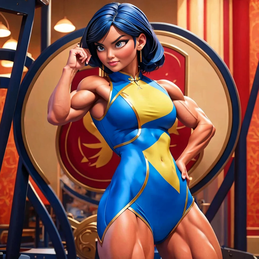 (masterpiece, best quality:1.2), 1girl, solo,dark blue hair,gray eyes, she wear's a white Cheongsam with a red, black and gold plant design, periwinkle pants and black and white dress shoes. She wears a silver band on her ring finger.muscular female bodybuilder, strong and defined muscles, intense expression, confident pose, gym backdrop, sweat glistening on her skin, veins bulging, toned physique, powerful presence, professional lighting, vibrant colors, realism, extreme detail description, sharp focus, (best quality, 4k, highres, masterpiece:1.2), physically-based rendering, bodybuilding competition, intense workout, determination, dedication, muscular symmetry, fitness journey, weightlifting, athletics, vibrant energy, bokeh, dynamic composition.