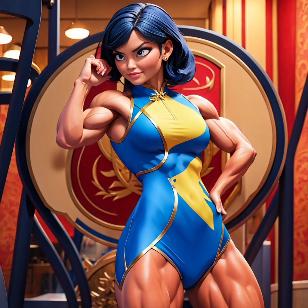 (masterpiece, best quality:1.2), 1girl, solo,dark blue hair,gray eyes, she wear's a white Cheongsam with a red, black and gold plant design, periwinkle pants and black and white dress shoes. She wears a silver band on her ring finger.muscular female bodybuilder, strong and defined muscles, intense expression, confident pose, gym backdrop, sweat glistening on her skin, veins bulging, toned physique, powerful presence, professional lighting, vibrant colors, realism, extreme detail description, sharp focus, (best quality, 4k, highres, masterpiece:1.2), physically-based rendering, bodybuilding competition, intense workout, determination, dedication, muscular symmetry, fitness journey, weightlifting, athletics, vibrant energy, bokeh, dynamic composition.