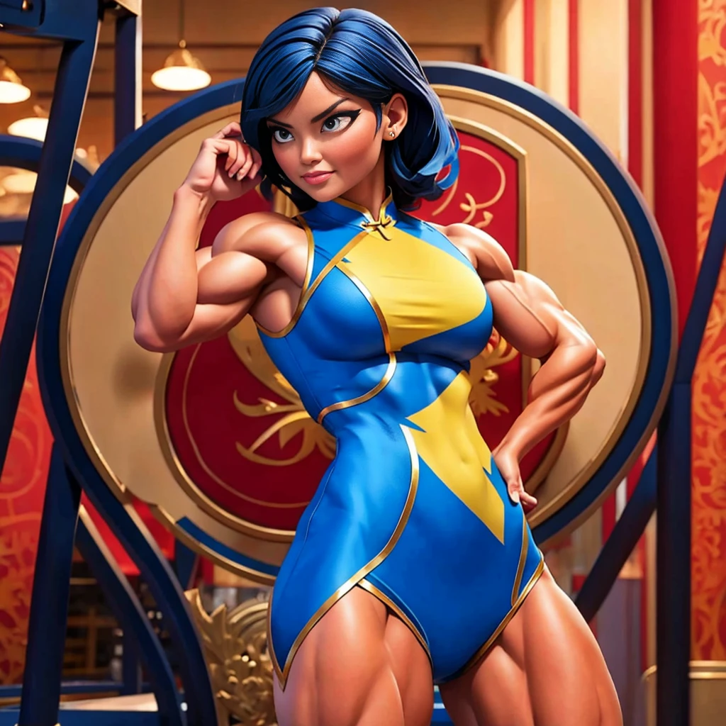 (masterpiece, best quality:1.2), 1girl, solo,dark blue hair,gray eyes, she wear's a white Cheongsam with a red, black and gold plant design, periwinkle pants and black and white dress shoes. She wears a silver band on her ring finger.muscular female bodybuilder, strong and defined muscles, intense expression, confident pose, gym backdrop, sweat glistening on her skin, veins bulging, toned physique, powerful presence, professional lighting, vibrant colors, realism, extreme detail description, sharp focus, (best quality, 4k, highres, masterpiece:1.2), physically-based rendering, bodybuilding competition, intense workout, determination, dedication, muscular symmetry, fitness journey, weightlifting, athletics, vibrant energy, bokeh, dynamic composition.