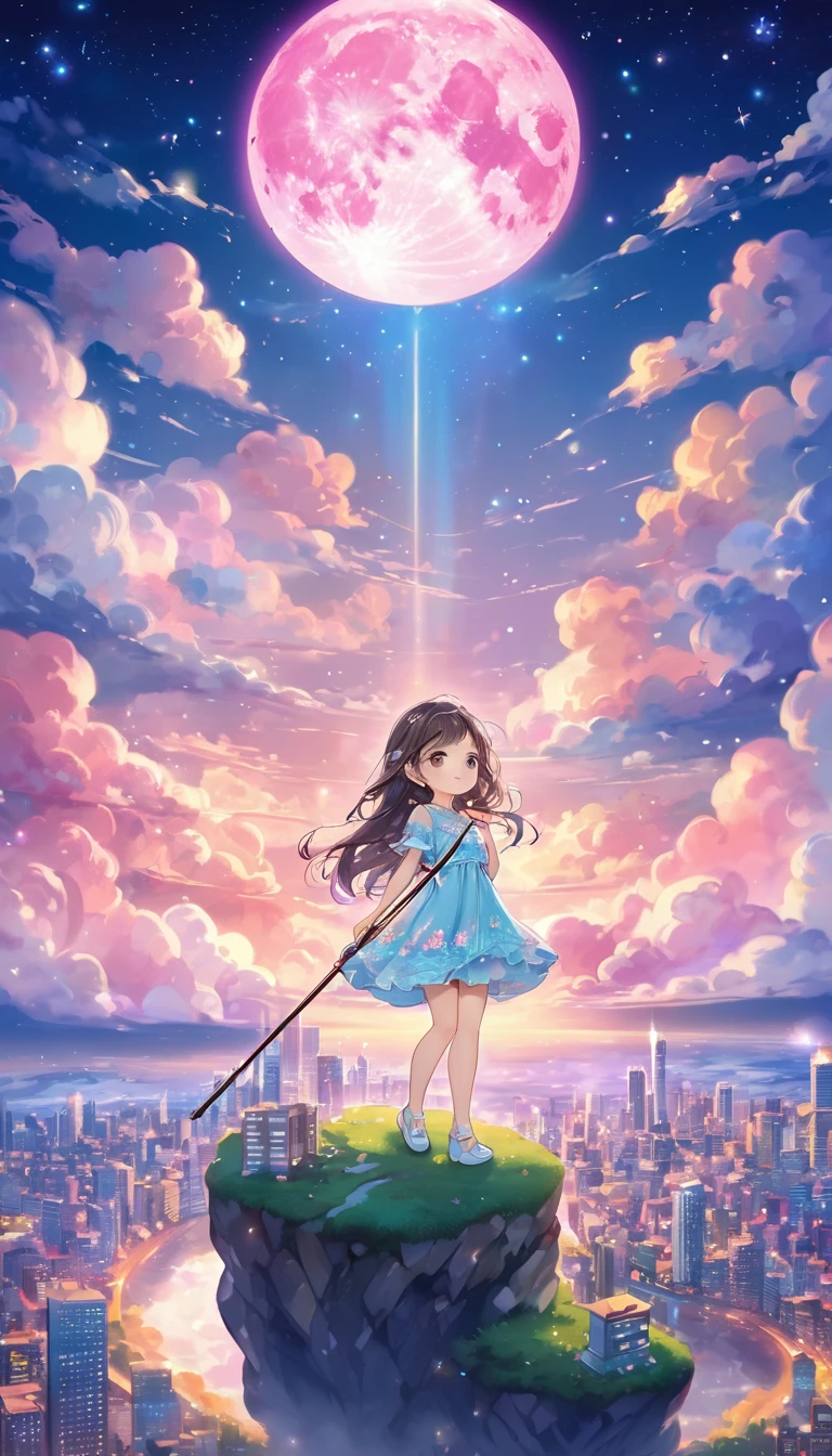 dream fantasy story, best quality, super fine, 16k, 2.5D, delicate and dynamic depiction, (chibi, cute in dress holding cane standing on high ground), city in the sky above the clouds, clouds in vivid and pastel colors, city of modern buildings, beautiful blend with nature, river, bright starry sky, pink moon, sparkly and fluffy image effect, artwork with vibrant colorful colors, detailed decorated backgrounds