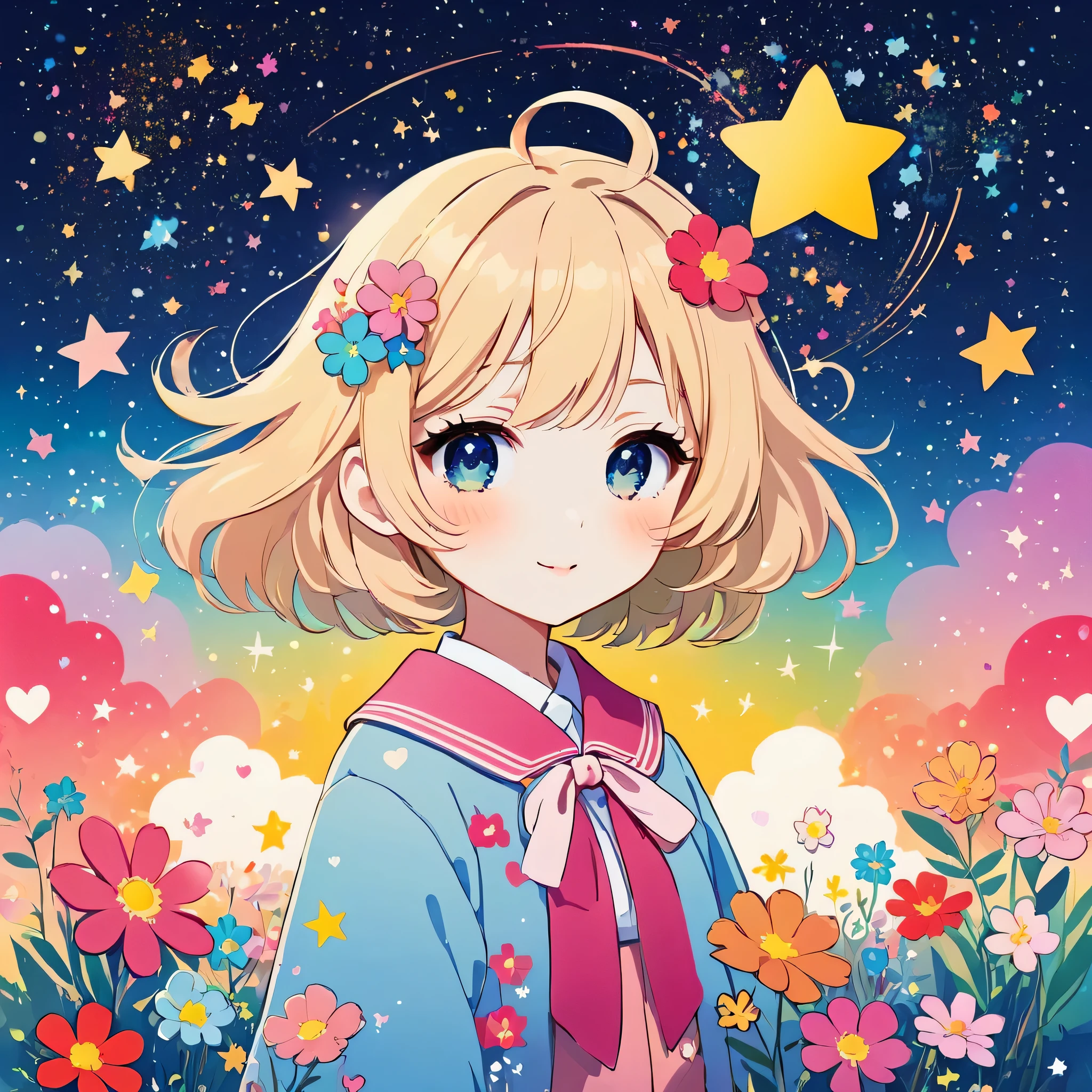 Mika Pikazo style, Simple Line Initialism，Abstract art，Kawaii Design, The most beautiful girl of all time、chibi, The background is star dust, colorful hearts, colorful flowers,