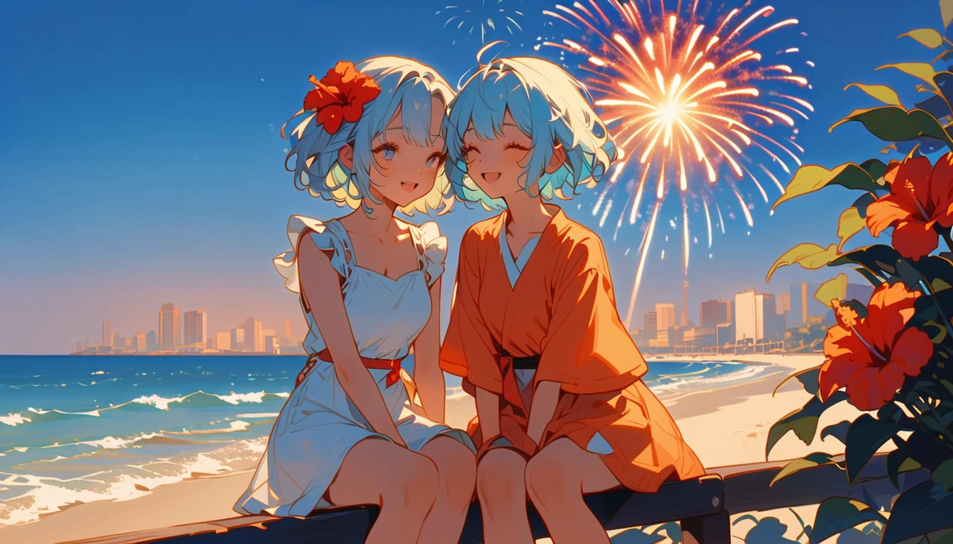 summer、1 female, Light blue hair,　short hair, Orange as an accent、Follow your dreams、hibiscus、firework、