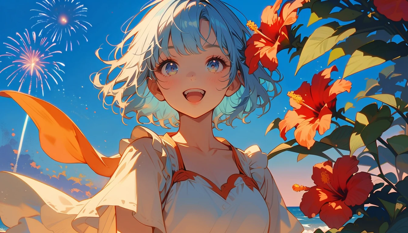 summer、1 female, Light blue hair, short hair, Orange as an accent、Follow your dreams、hibiscus、firework、
