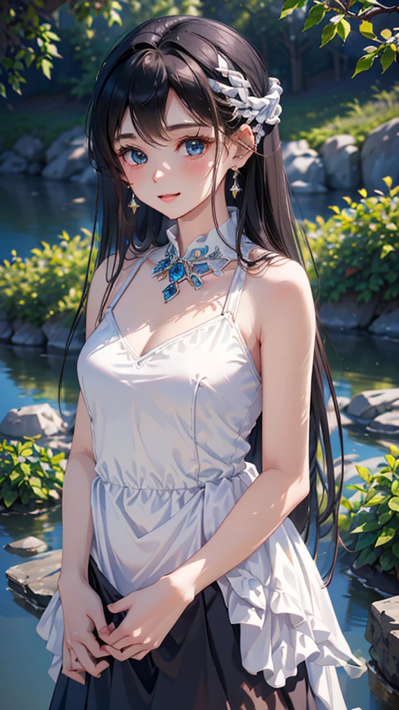 ((masterpiece)), ((highest quality、Ultra high definition)), (Very detailed),8K、Photo quality、((Amazingly cute girl)),(((-yeld gi)), Two people, , (Beautiful emerald blue eyes), ((smile)),In the open-air bath overlooking the sea, Beautifully arranged black hair in twin tails、whole body、Cute lolita maid style swimsuit))、Professional Lighting、(White lace knee-highore detailed and beautiful)、(More details and cutenesore realistic)、(((Just wear light clothing)))、プールではしゃぐ、