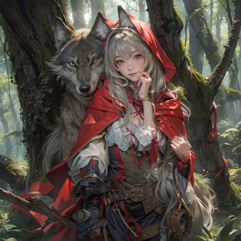 Standing in the forest、Hair flow、 ((Highest quality、masterpiece、8K、Best image quality、Ultra-high resolution、Award-winning works)、(Accurate anatomy:1.1)、(Look at me and smile:1.1)、Shining fair skin with Ultra-high resolution、The most detailed face、Ultra-high resolution detailed face、Ultra-high resolutionの髪の毛、(Ultra-high resolution eye:1.1)、Beautiful face drawn in every detail、little red riding hood Costumes , Chest to chest, Strange atmosphere, The real Wolfman is staring at her........., Dark Light, in the forest , Heavy makeup