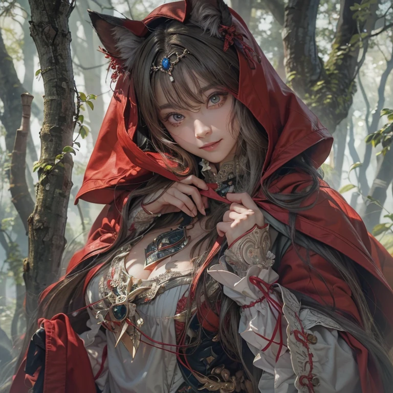 Standing in the forest、Hair flow、 ((Highest quality、masterpiece、8K、Best image quality、Ultra-high resolution、Award-winning works)、(Accurate anatomy:1.1)、(Look at me and smile:1.1)、Shining fair skin with Ultra-high resolution、The most detailed face、Ultra-high resolution detailed face、Ultra-high resolutionの髪の毛、(Ultra-high resolution eye:1.1)、Beautiful face drawn in every detail、little red riding hood Costumes , Chest to chest, Strange atmosphere, The real Wolfman is staring at her........., Dark Light, in the forest , Heavy makeup