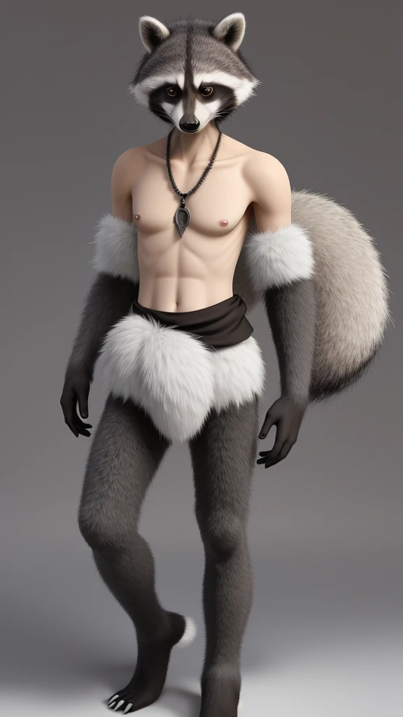 Male raccoon, skinny, grey body, white breasts, blue mane, big fluffy tail, blue eyes, dark ends of arms and legs,  Pache Riggs style